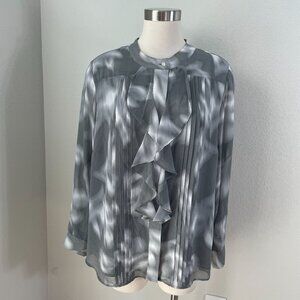 Calvin Klein Womens Plus 1X Ruffled Blouse Gray White Long Sleeve Shirt Top